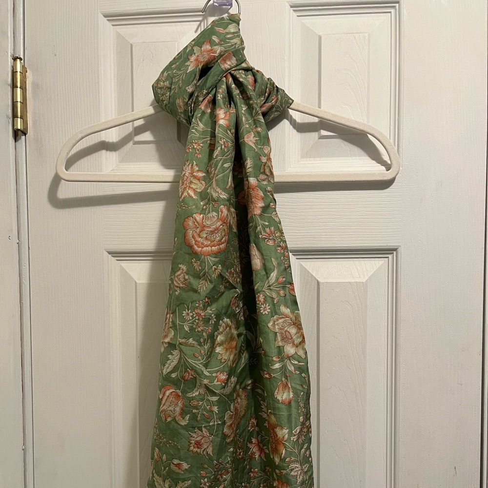 Vtg Floral 100% Silk Scarf 74 X 21 in Green Silk With Pink Flowers Pom Pom Trim